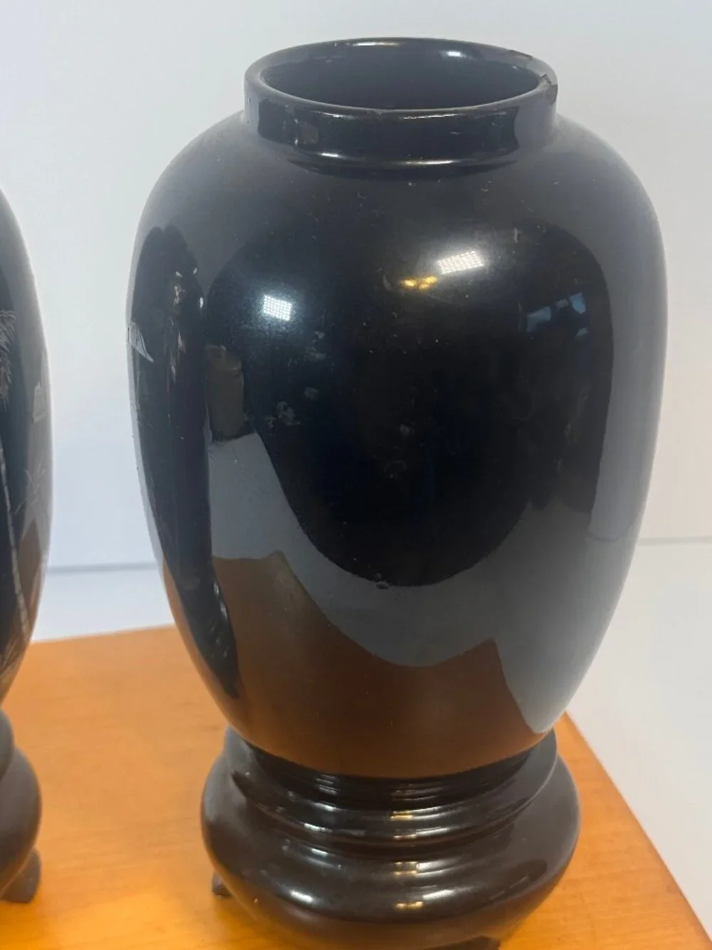 Vintage black lacquer vase/vessel with traditional East Asian-style inlay